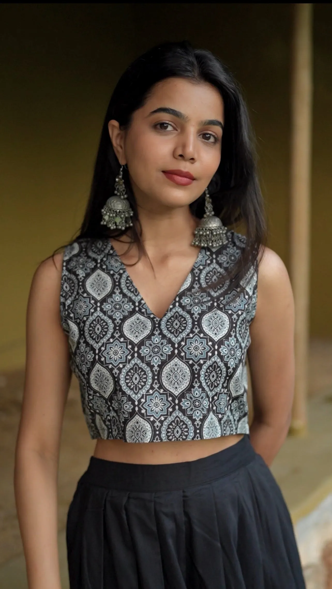 Blue Ajrak Zipper Crop Top