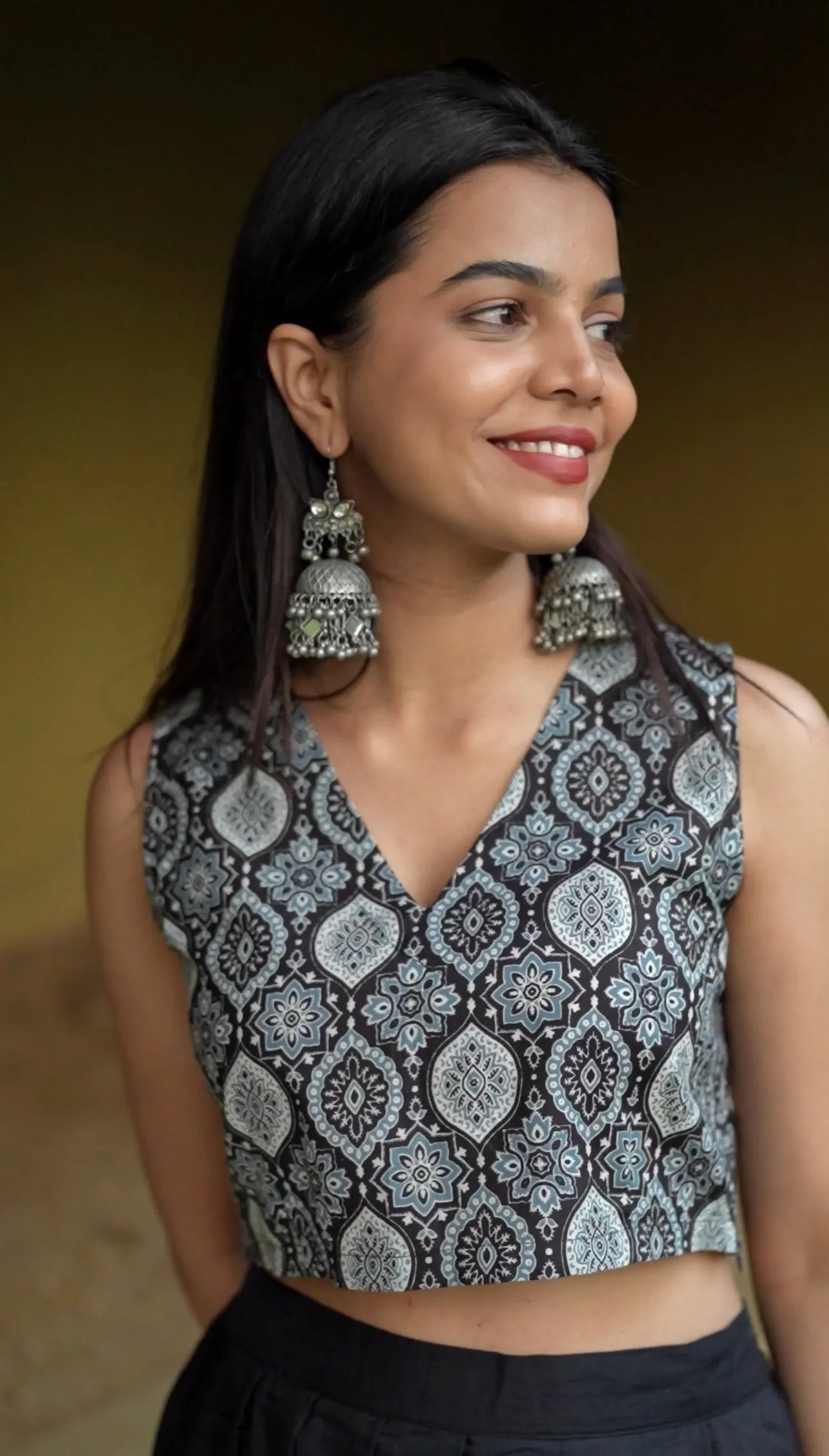 Blue Ajrak Zipper Crop Top