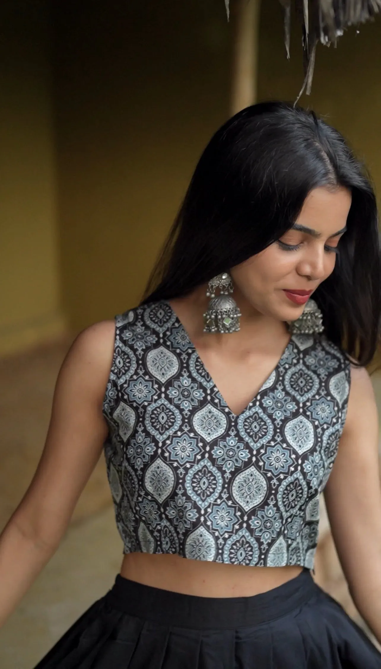 Blue Ajrak Zipper Crop Top