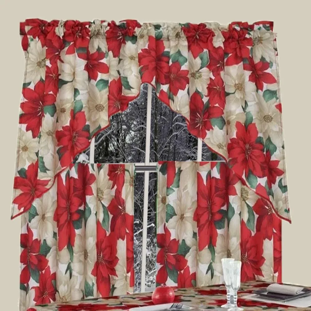 Euro Seasonal Floral Poinsettia Kitchen Curtain Set