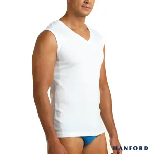 Hanford Men V-Neck Cotton Ribbed Body Hug Muscle Sleeveless Shirt - White (Single Pack)