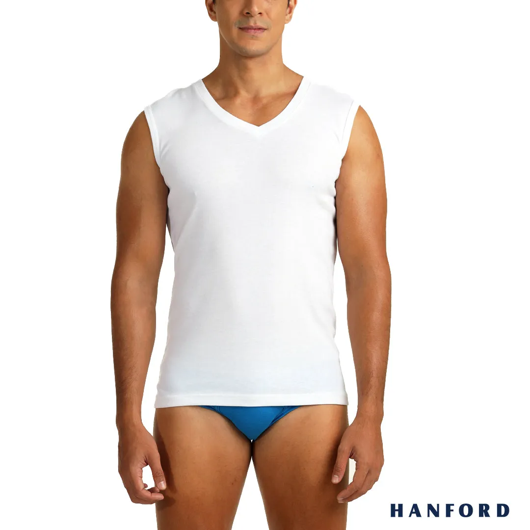 Hanford Men V-Neck Cotton Ribbed Body Hug Muscle Sleeveless Shirt - White (Single Pack)