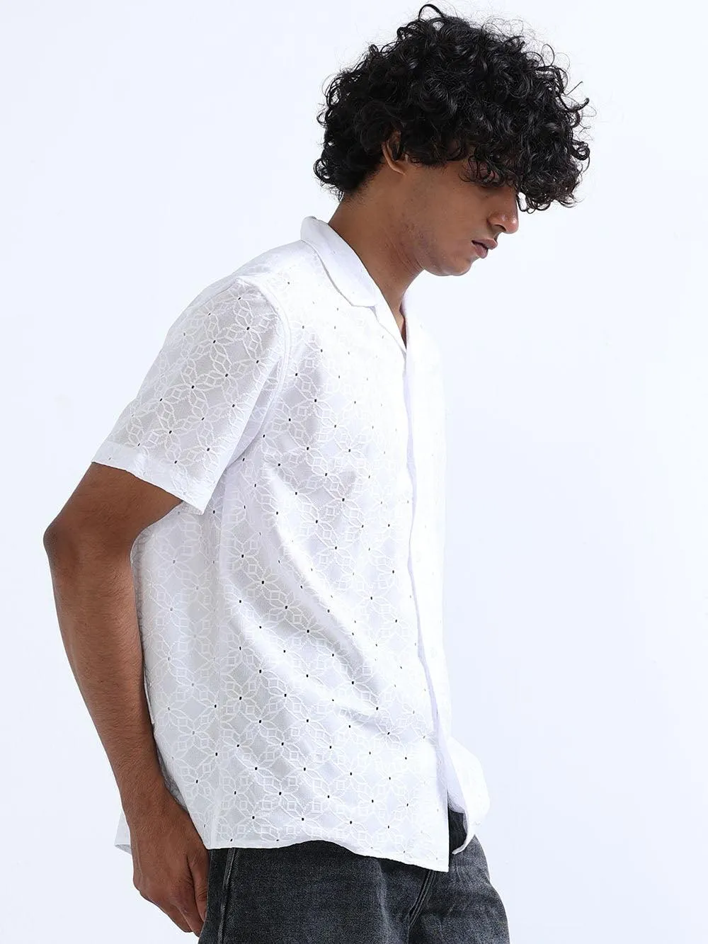 Men's White Cuban Collar Crochet shirt