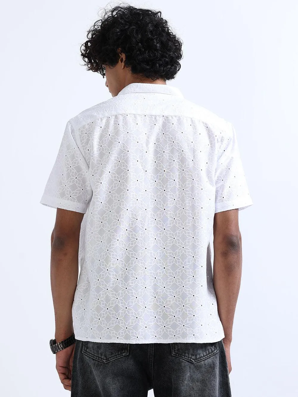 Men's White Cuban Collar Crochet shirt