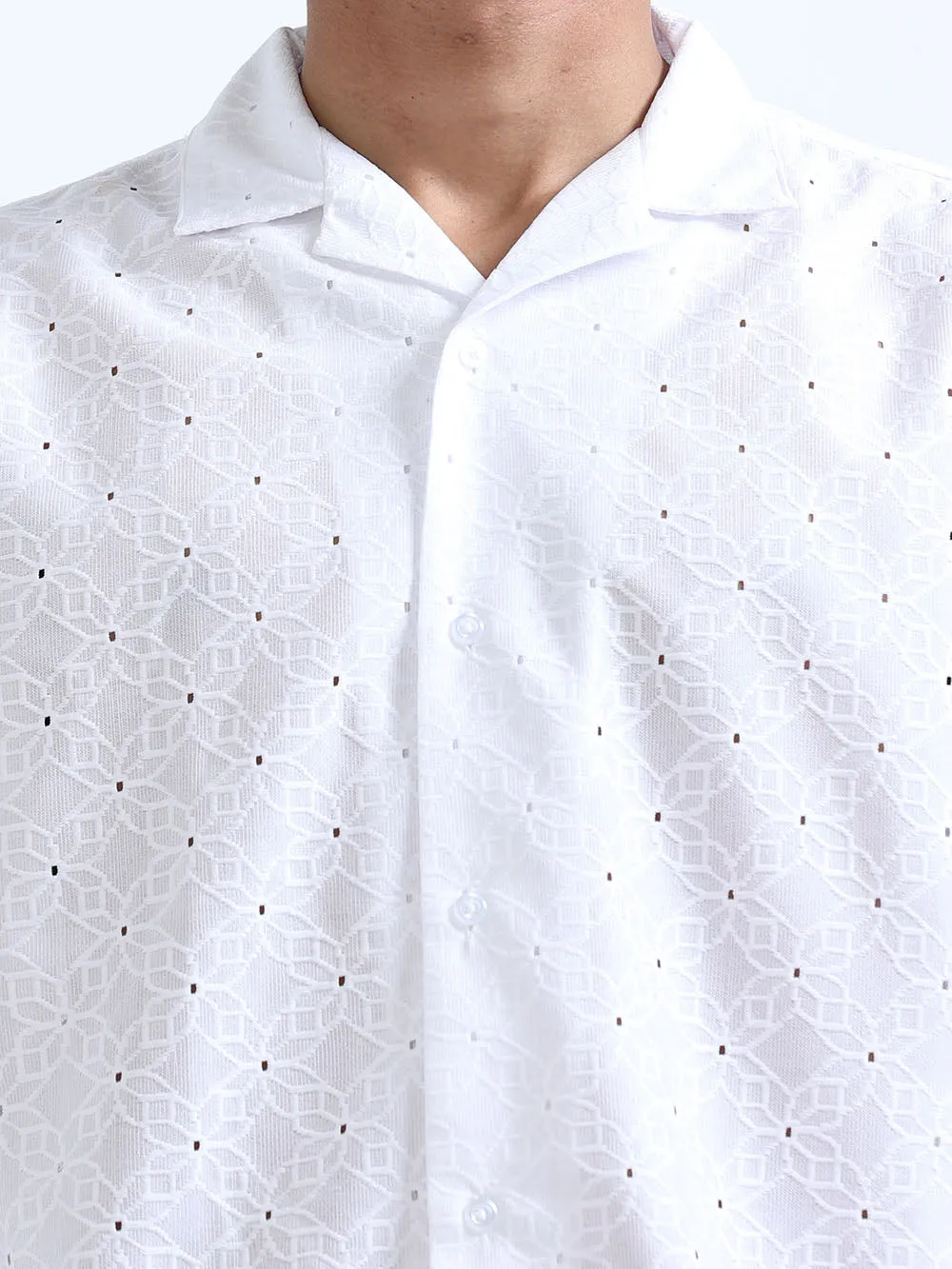 Men's White Cuban Collar Crochet shirt