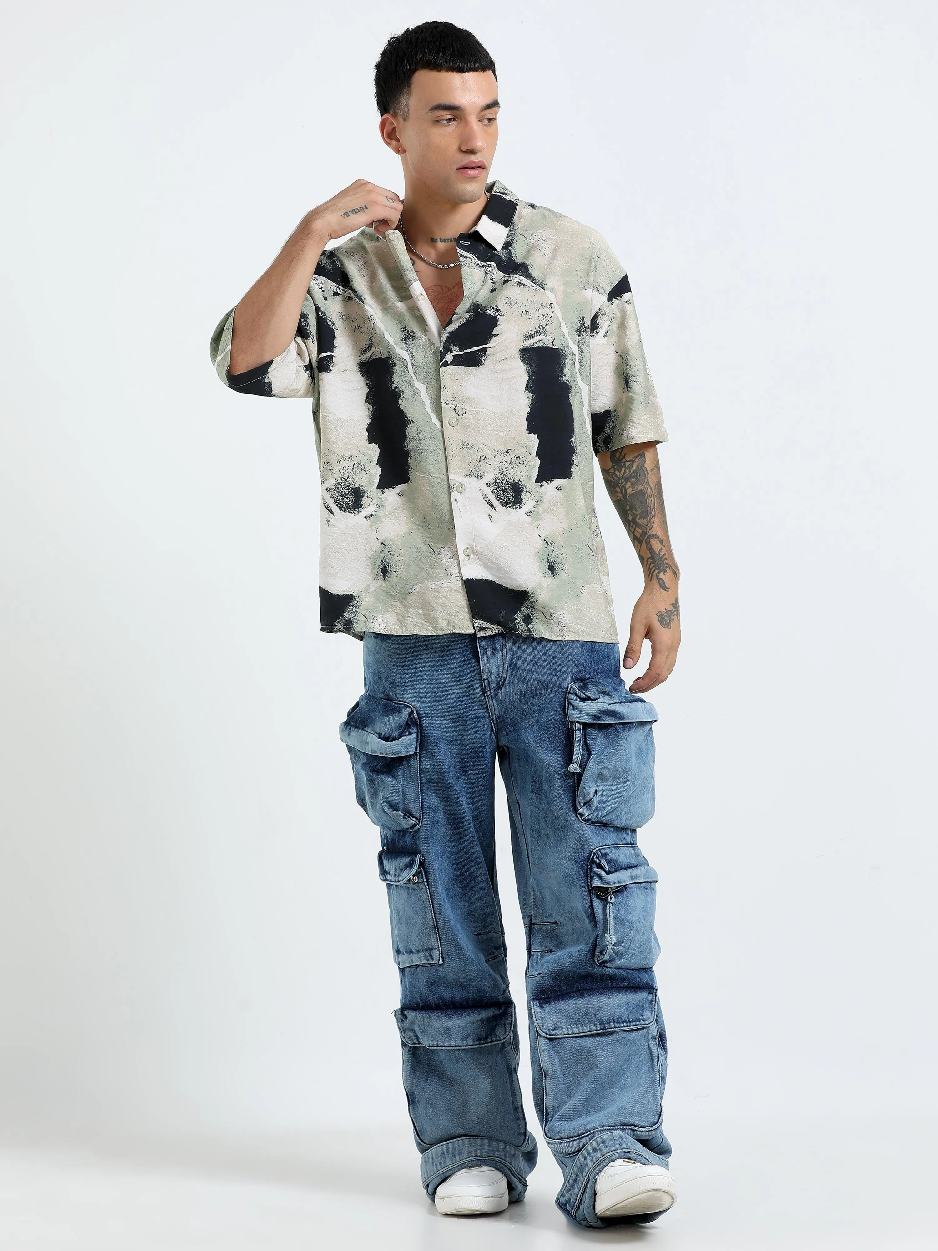 Whisp Cropped Baggy Abstract printed Shirt - Light Sea Green