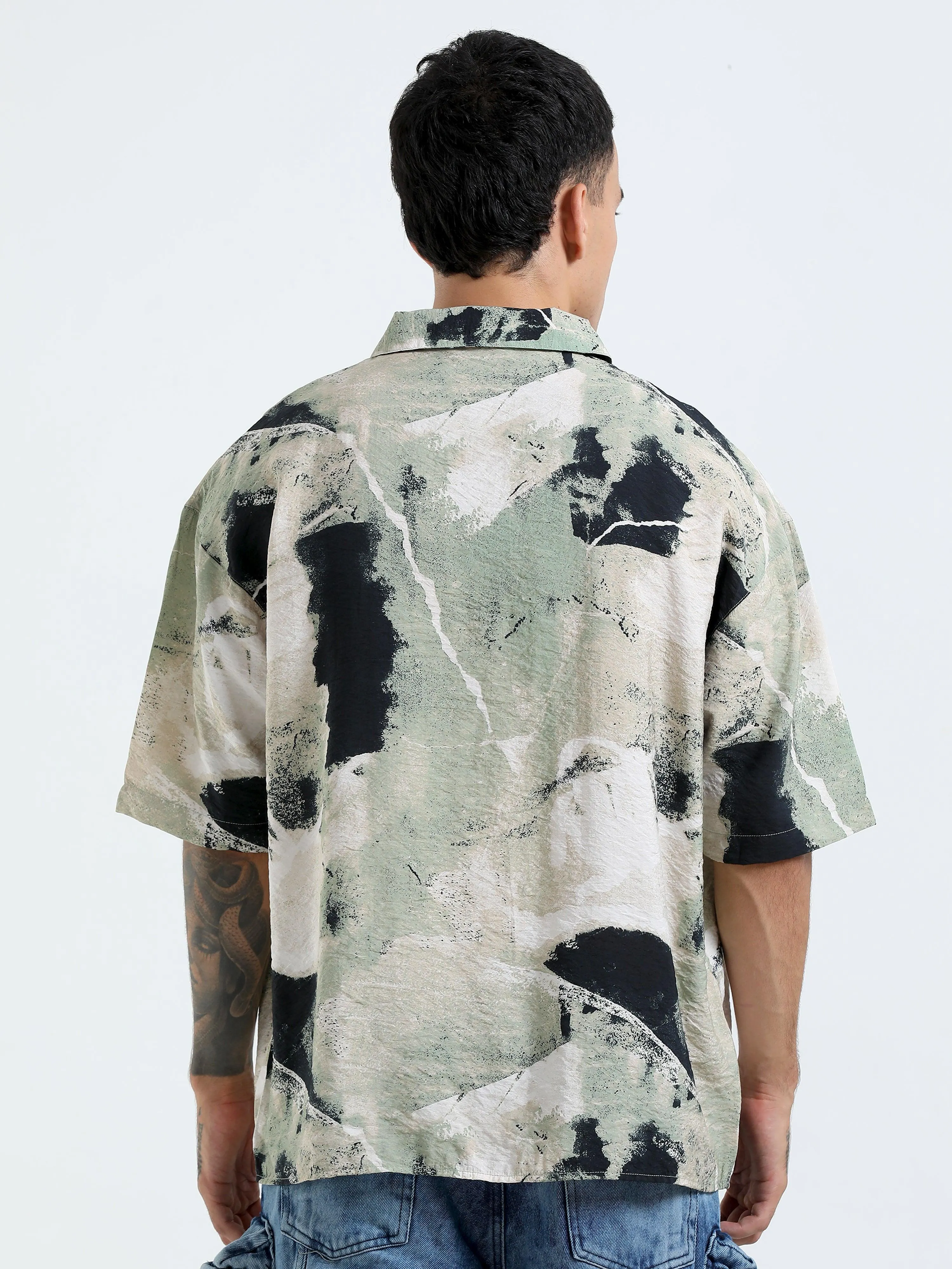Whisp Cropped Baggy Abstract printed Shirt - Light Sea Green