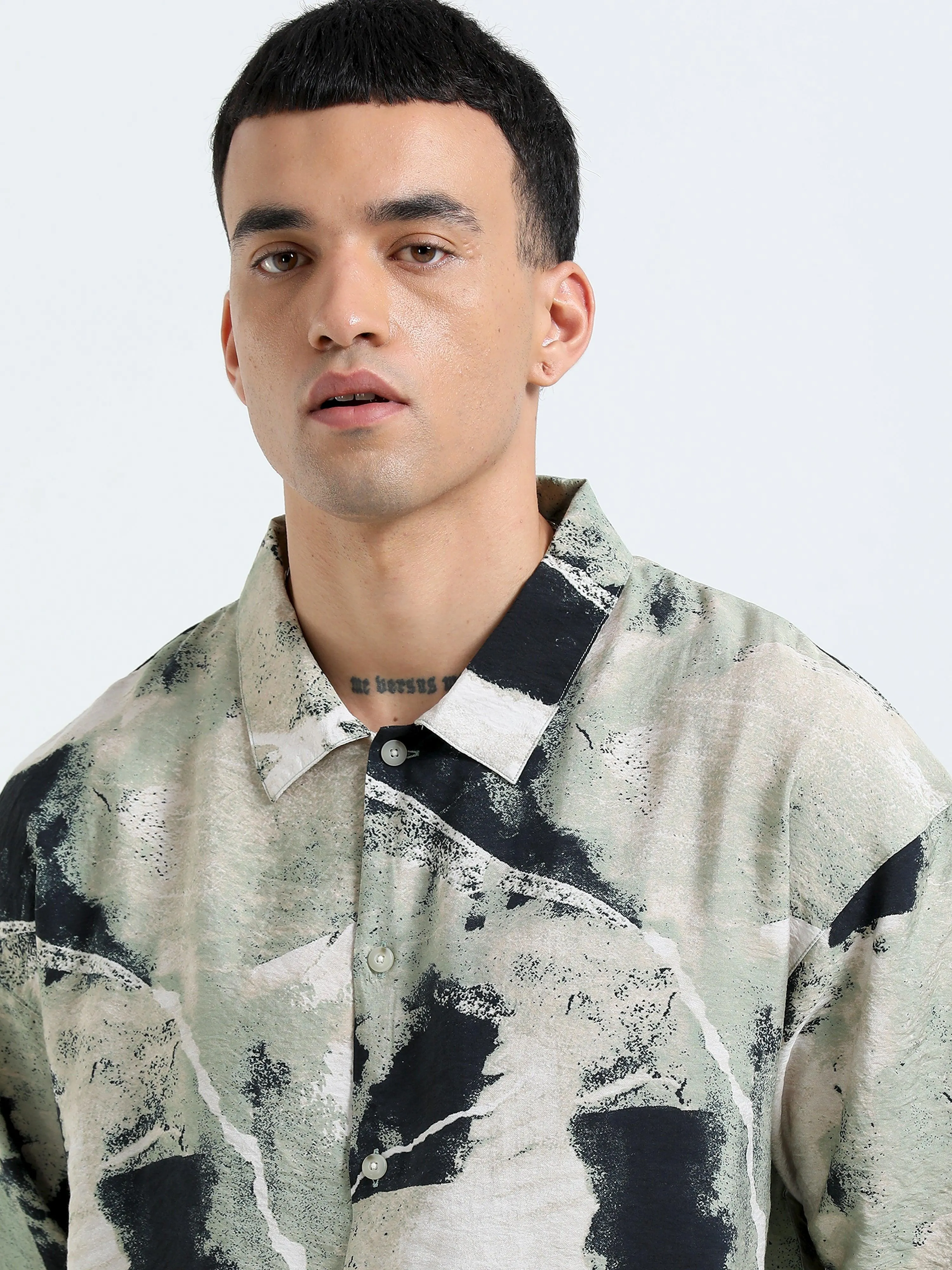Whisp Cropped Baggy Abstract printed Shirt - Light Sea Green