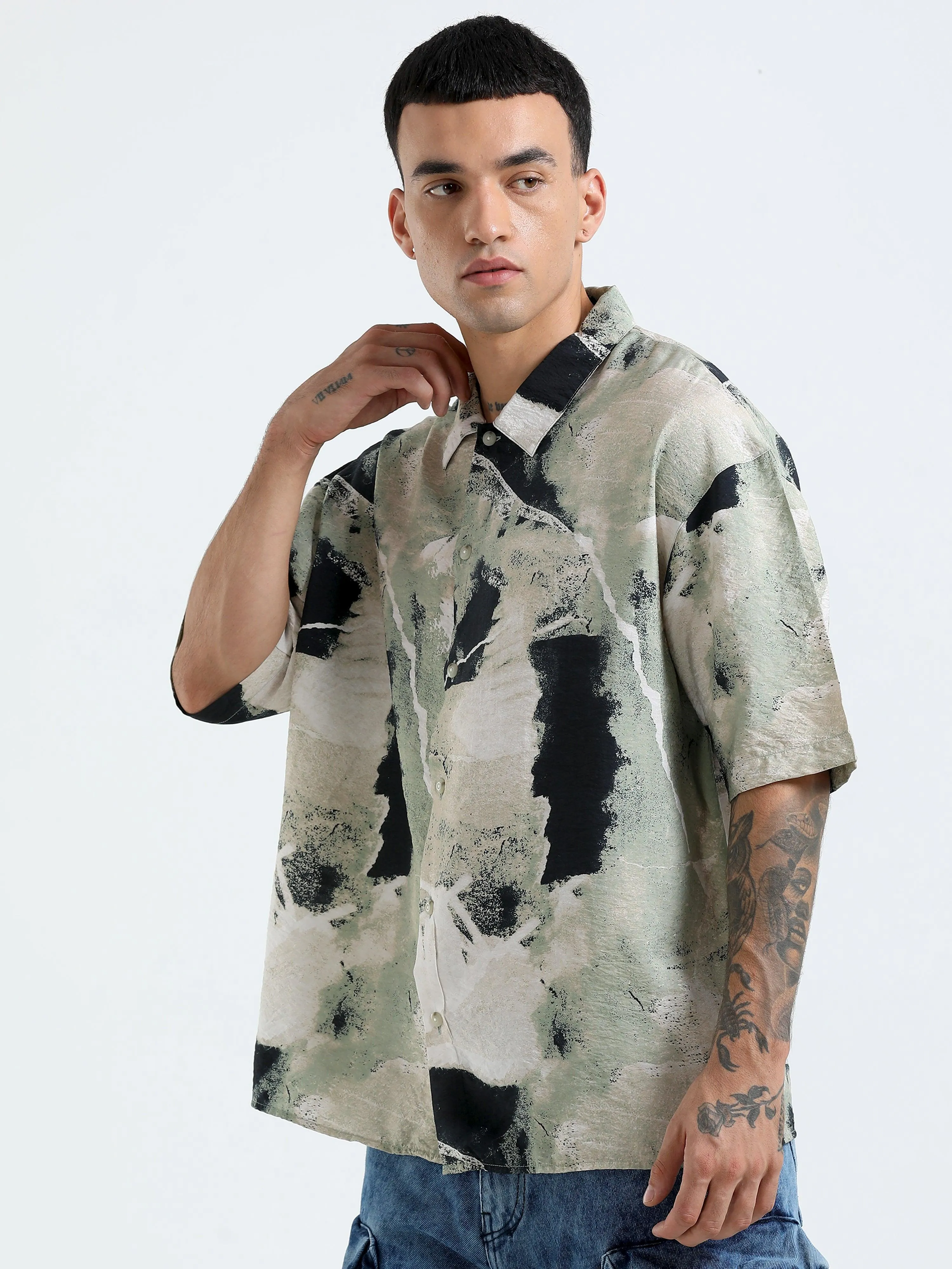 Whisp Cropped Baggy Abstract printed Shirt - Light Sea Green